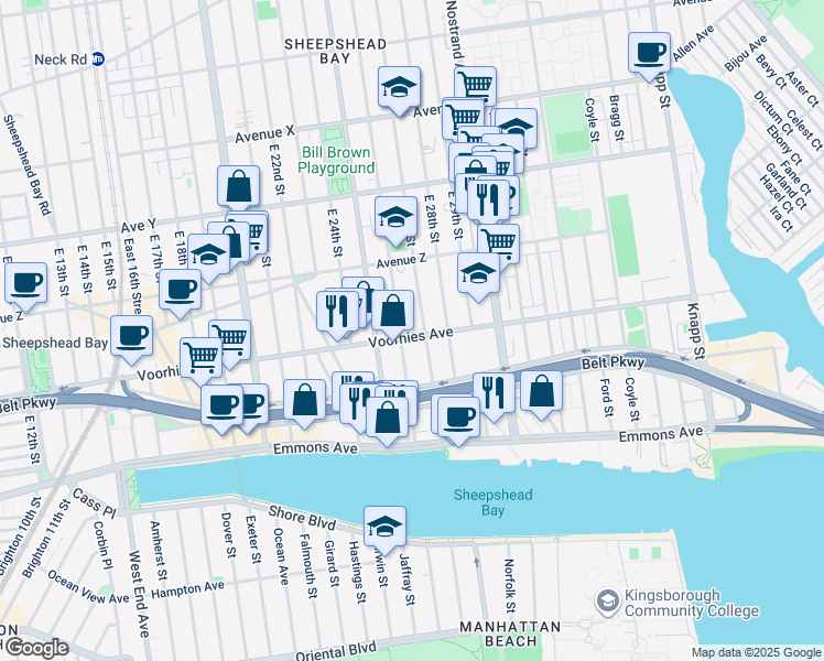 map of restaurants, bars, coffee shops, grocery stores, and more near 2613 Voorhies Avenue in Brooklyn
