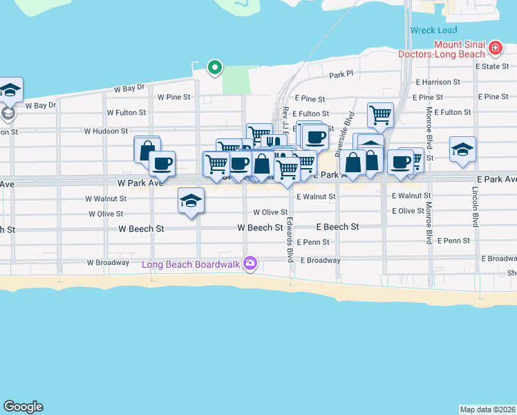 map of restaurants, bars, coffee shops, grocery stores, and more near 254 National Boulevard in Long Beach