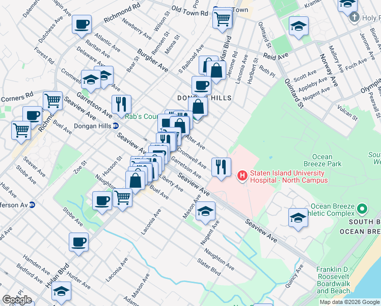 map of restaurants, bars, coffee shops, grocery stores, and more near 375 Cromwell Avenue in Staten Island
