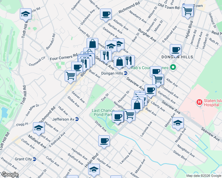 map of restaurants, bars, coffee shops, grocery stores, and more near 55 Zoe Street in Staten Island