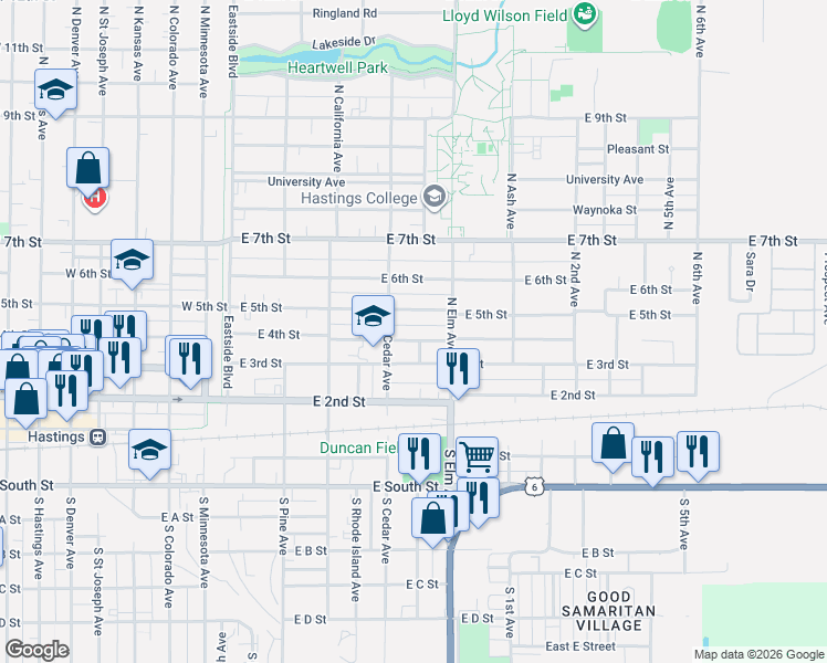 map of restaurants, bars, coffee shops, grocery stores, and more near 501-523 East 4th Street in Hastings
