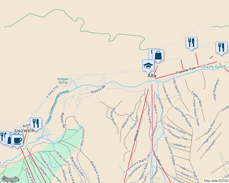 map of restaurants, bars, coffee shops, grocery stores, and more near 9938 Powder Run Road in Alta