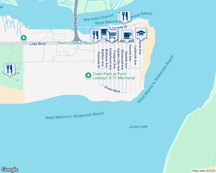 map of restaurants, bars, coffee shops, grocery stores, and more near 14 Ocean Boulevard in Point Lookout