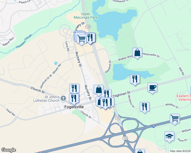 map of restaurants, bars, coffee shops, grocery stores, and more near Highway 100 in Allentown