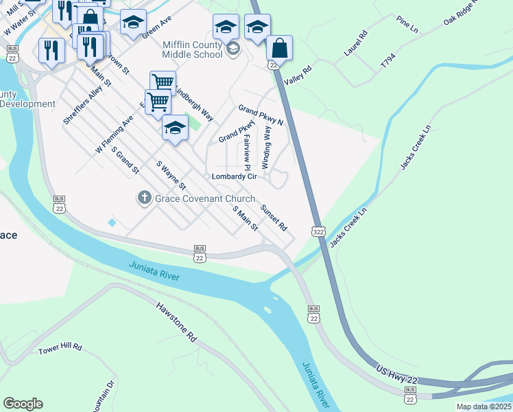 map of restaurants, bars, coffee shops, grocery stores, and more near 22 Sunset Road in Lewistown