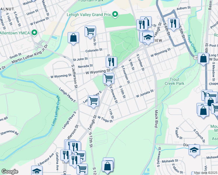 map of restaurants, bars, coffee shops, grocery stores, and more near 1043 Lehigh Street in Allentown
