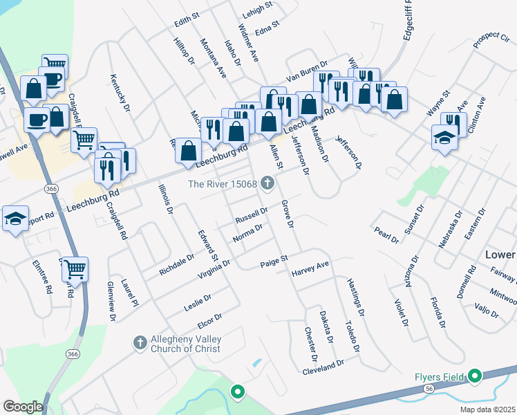 map of restaurants, bars, coffee shops, grocery stores, and more near 2667 Russell Drive in New Kensington
