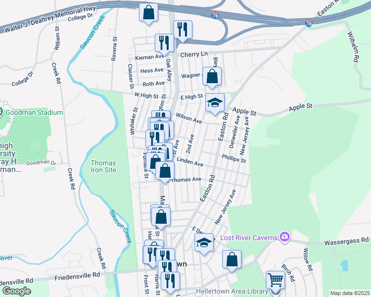 map of restaurants, bars, coffee shops, grocery stores, and more near 1240 2nd Avenue in Hellertown