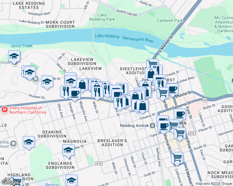 map of restaurants, bars, coffee shops, grocery stores, and more near 1148 North Court Street in Redding