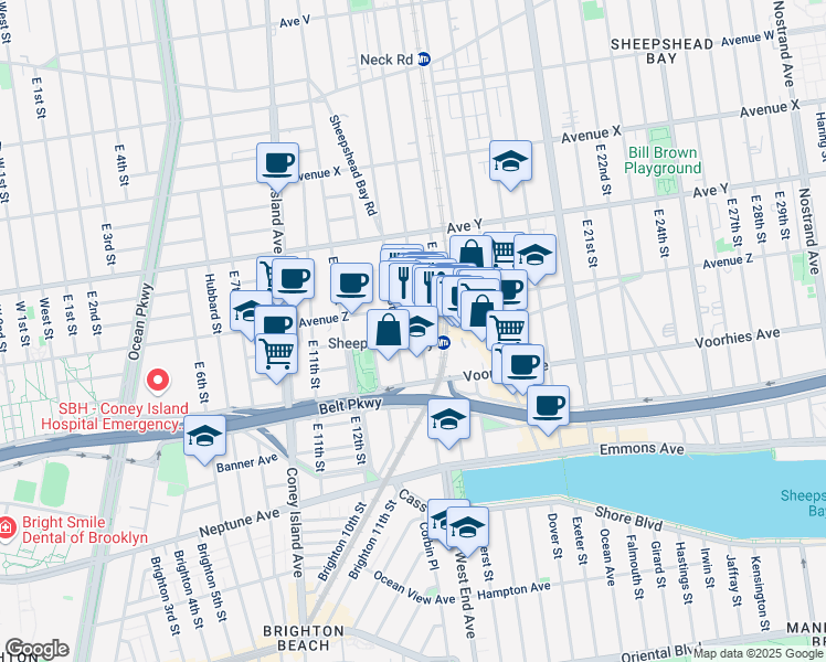 map of restaurants, bars, coffee shops, grocery stores, and more near 2632 East 14th Street in Brooklyn