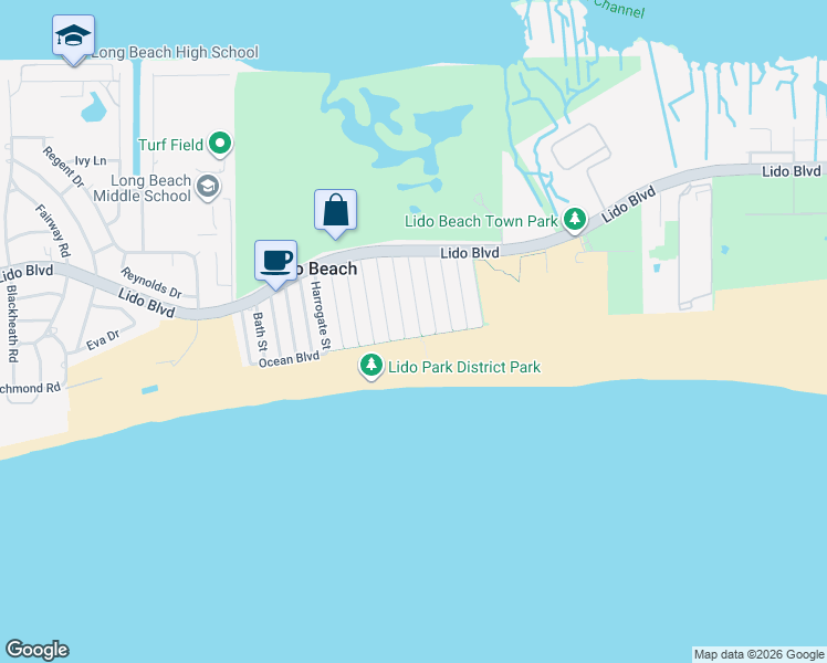 map of restaurants, bars, coffee shops, grocery stores, and more near 82 Woodhail Street in Lido Beach