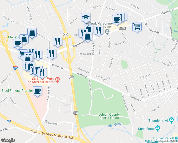 map of restaurants, bars, coffee shops, grocery stores, and more near 4211 Briarcliff Road in Allentown