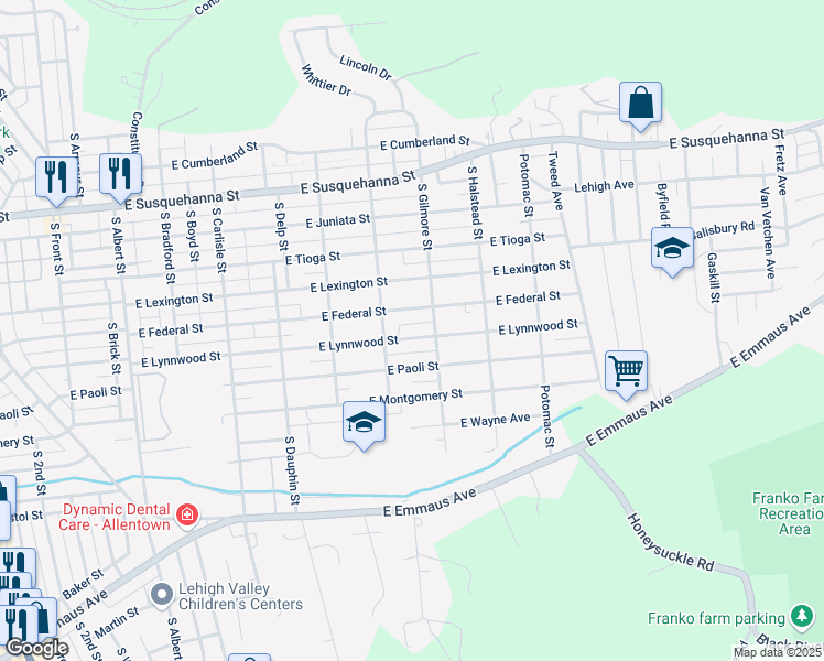 map of restaurants, bars, coffee shops, grocery stores, and more near 621 E Lynnwood St in Allentown
