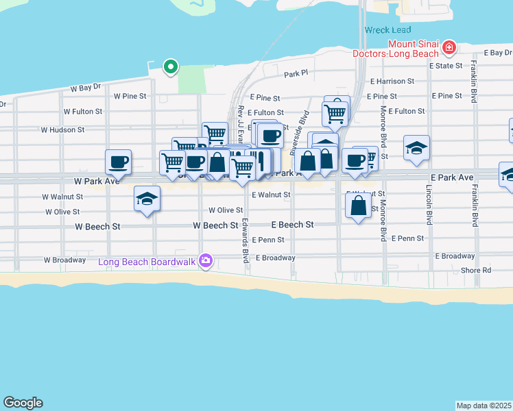 map of restaurants, bars, coffee shops, grocery stores, and more near 1 East Olive Street in Long Beach