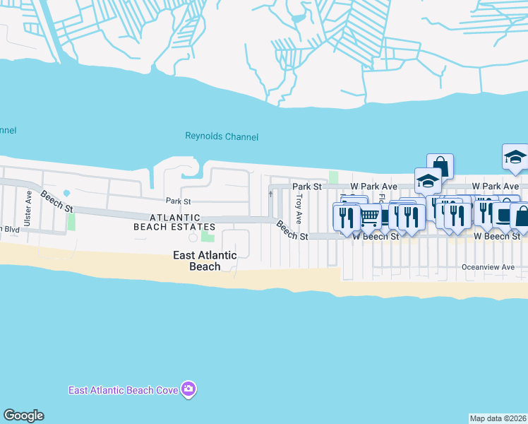 map of restaurants, bars, coffee shops, grocery stores, and more near 56 Malone Avenue in East Atlantic Beach