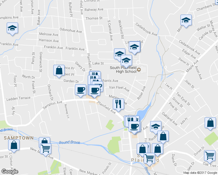 map of restaurants, bars, coffee shops, grocery stores, and more near 209 Van Fleet Avenue in South Plainfield
