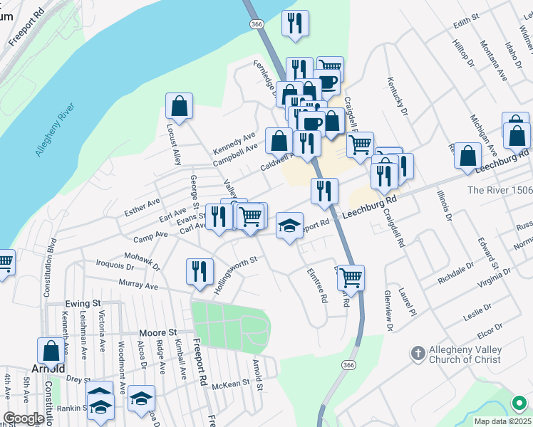 map of restaurants, bars, coffee shops, grocery stores, and more near 717 Carl Avenue in New Kensington