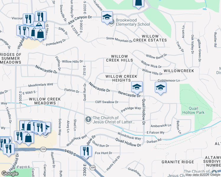 map of restaurants, bars, coffee shops, grocery stores, and more near 2477 Newcastle Drive in Sandy