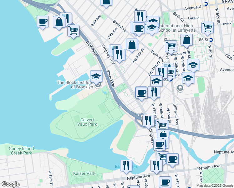 map of restaurants, bars, coffee shops, grocery stores, and more near 2000 Shore Parkway in Brooklyn