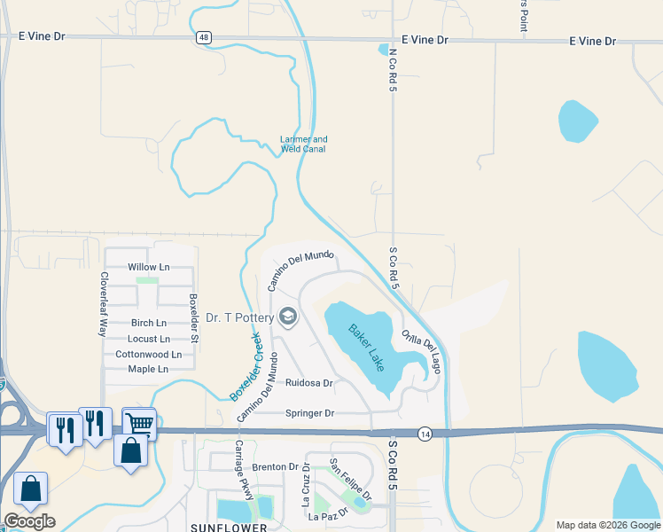 map of restaurants, bars, coffee shops, grocery stores, and more near 192 Camino Del Mundo in Fort Collins