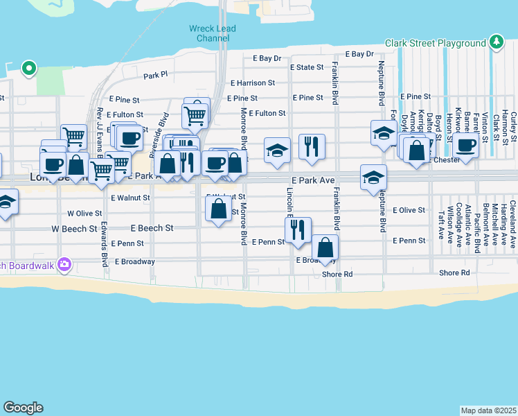 map of restaurants, bars, coffee shops, grocery stores, and more near 321 East Olive Street in Long Beach