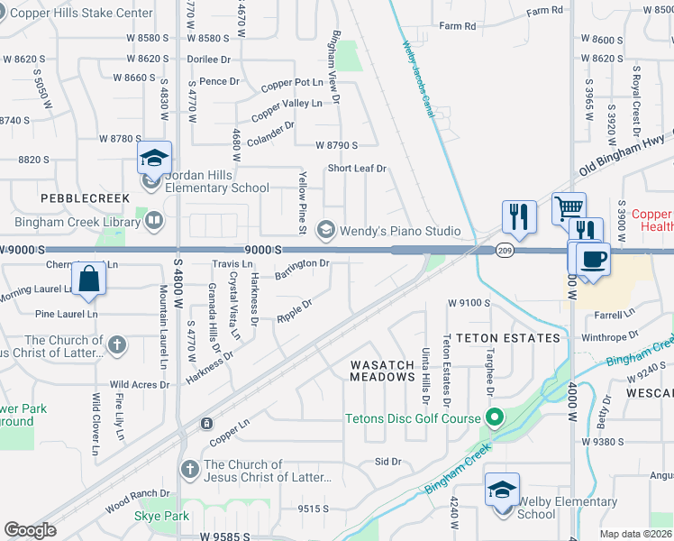 map of restaurants, bars, coffee shops, grocery stores, and more near 9029 Ripple Drive in West Jordan