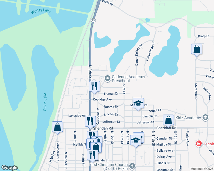 map of restaurants, bars, coffee shops, grocery stores, and more near 905 Eisenhower Dr in Pekin