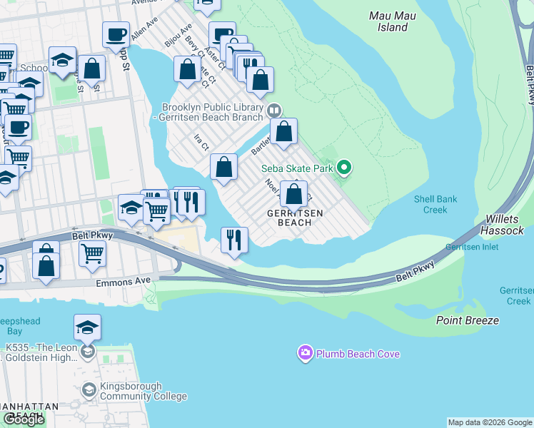 map of restaurants, bars, coffee shops, grocery stores, and more near 19 Seba Avenue in Brooklyn