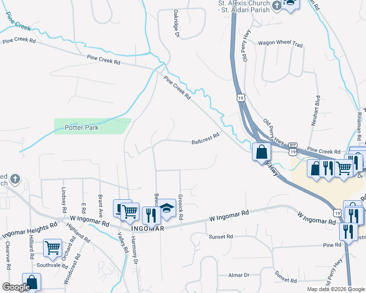 map of restaurants, bars, coffee shops, grocery stores, and more near 9870 Bellcrest Road in Pittsburgh