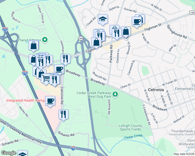 map of restaurants, bars, coffee shops, grocery stores, and more near 4252 Briarcliff Road in Allentown