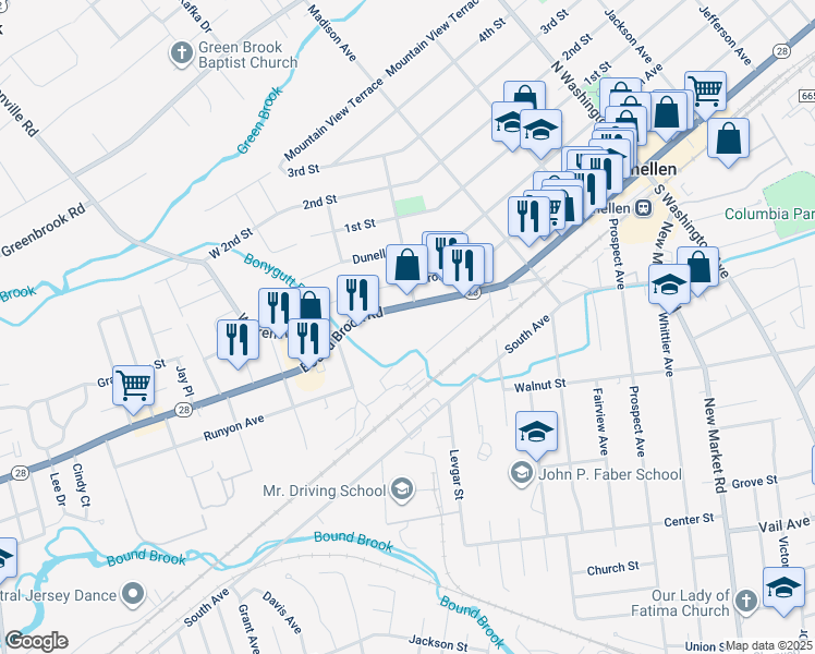 map of restaurants, bars, coffee shops, grocery stores, and more near 675 Bound Brook Road in Dunellen