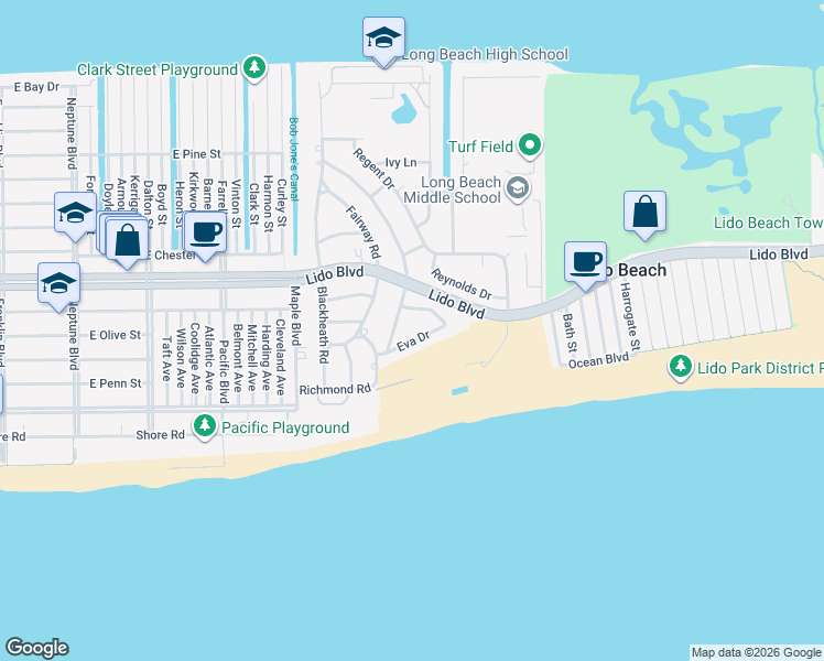 map of restaurants, bars, coffee shops, grocery stores, and more near 121 Eva Dr in Lido Beach