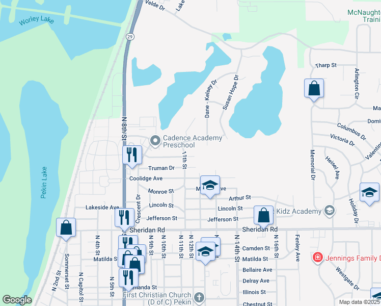 map of restaurants, bars, coffee shops, grocery stores, and more near 1103 Eisenhower Drive in Pekin