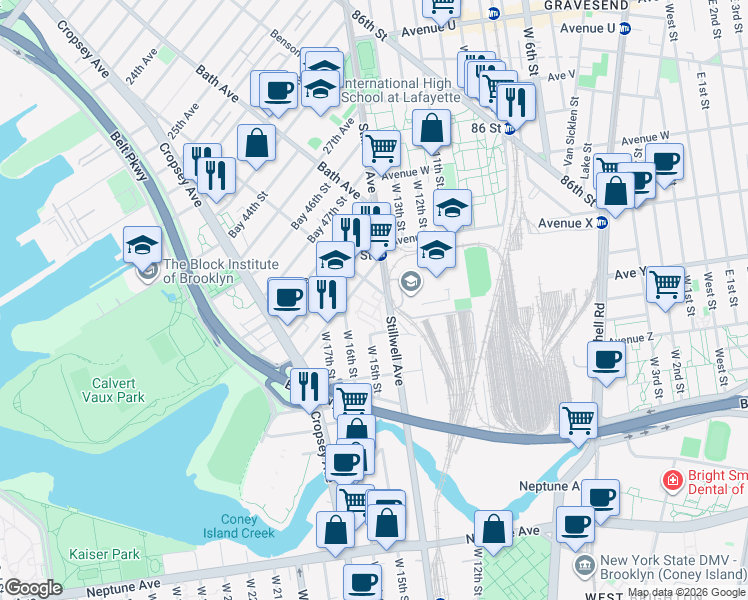 map of restaurants, bars, coffee shops, grocery stores, and more near 2475 West 16th Street in Brooklyn