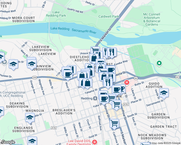 map of restaurants, bars, coffee shops, grocery stores, and more near 1600 Eureka Way in Redding