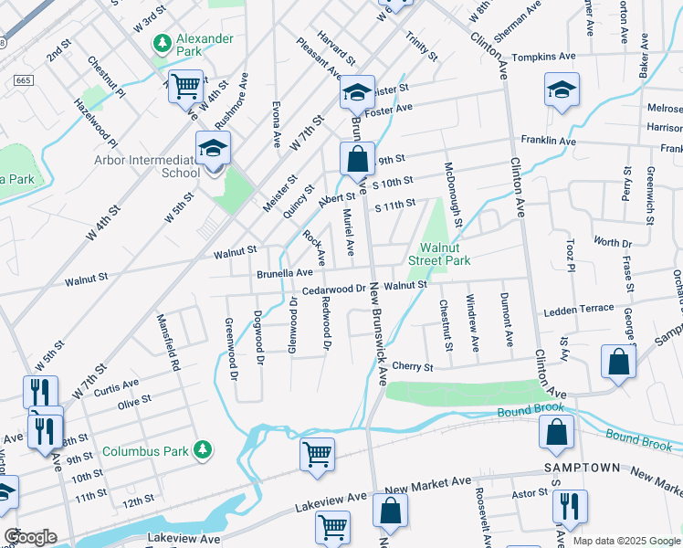 map of restaurants, bars, coffee shops, grocery stores, and more near 1355 Rock Avenue in Piscataway