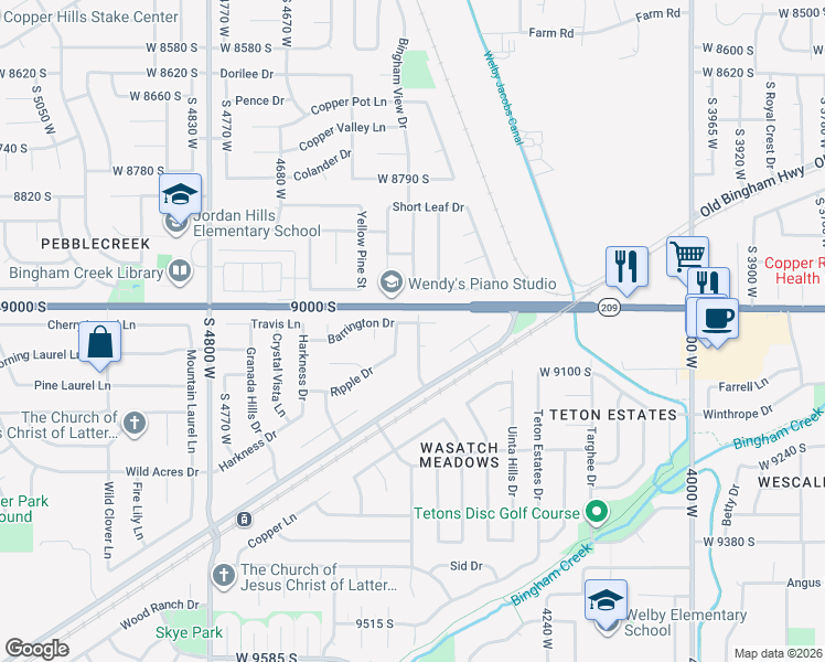 map of restaurants, bars, coffee shops, grocery stores, and more near 9041 Ripple Drive in West Jordan