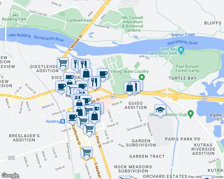map of restaurants, bars, coffee shops, grocery stores, and more near 1332 Continental Street in Redding