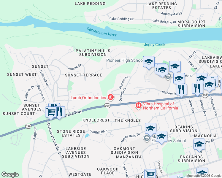 map of restaurants, bars, coffee shops, grocery stores, and more near 890 Pioneer Drive in Redding