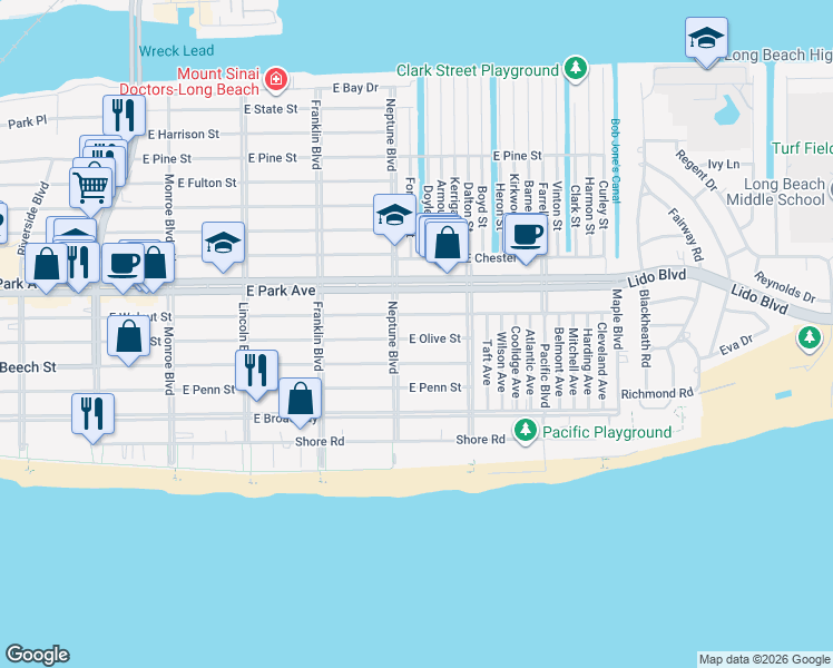 map of restaurants, bars, coffee shops, grocery stores, and more near 632 East Olive Street in Long Beach