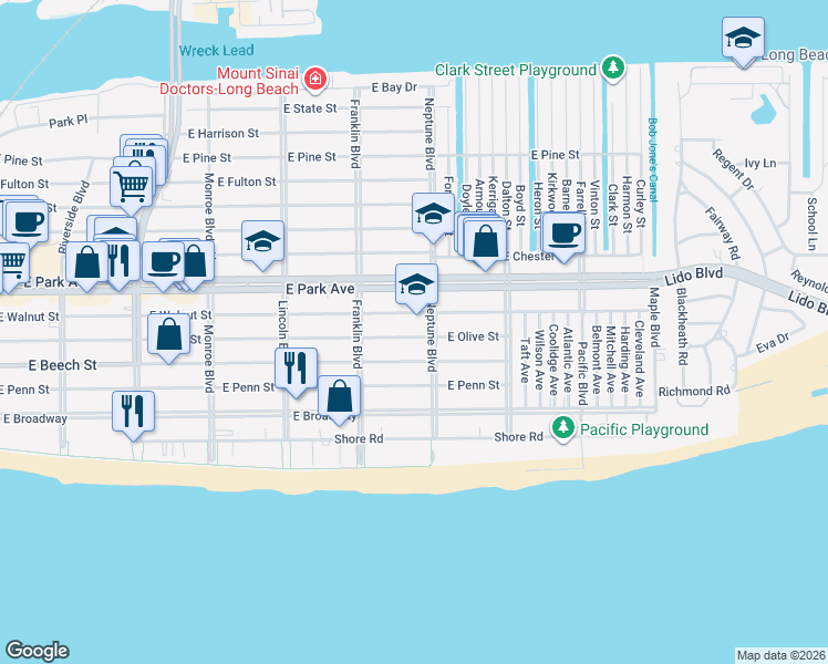 map of restaurants, bars, coffee shops, grocery stores, and more near 217 Neptune Boulevard in Long Beach