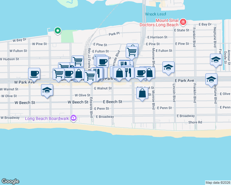 map of restaurants, bars, coffee shops, grocery stores, and more near 115 East Olive Street in Long Beach
