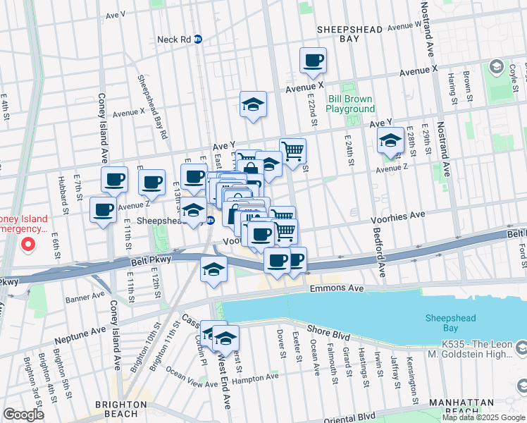 map of restaurants, bars, coffee shops, grocery stores, and more near 2652 East 18th Street in Brooklyn