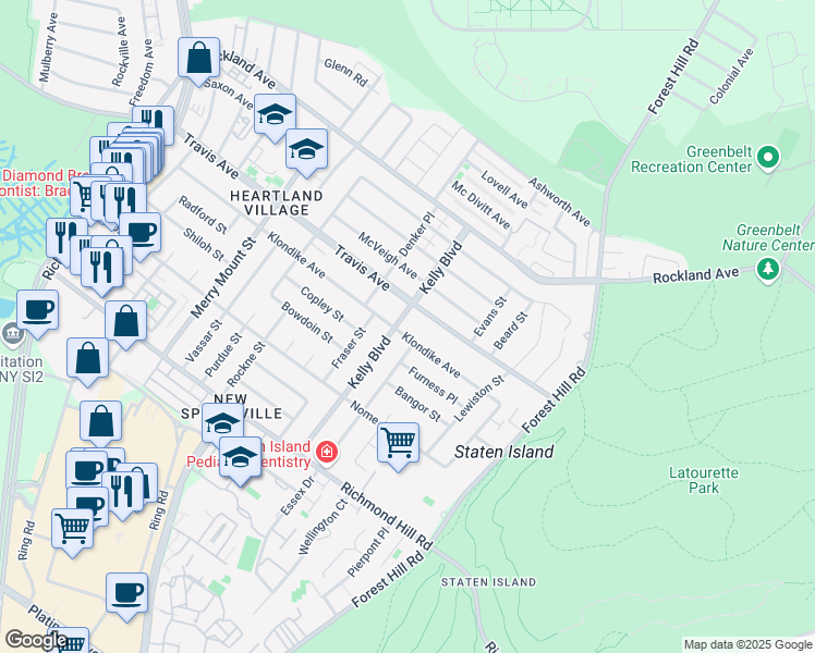map of restaurants, bars, coffee shops, grocery stores, and more near 111 Kelly Boulevard in Staten Island