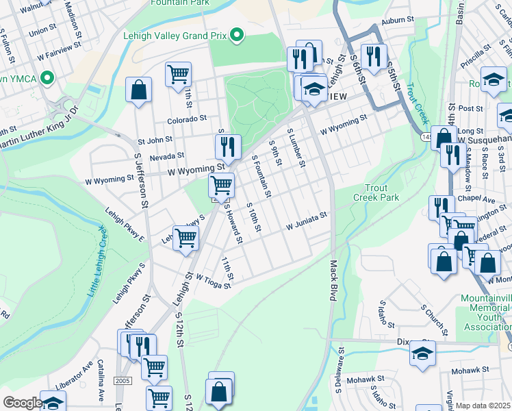 map of restaurants, bars, coffee shops, grocery stores, and more near 1201 South 10th Street in Allentown