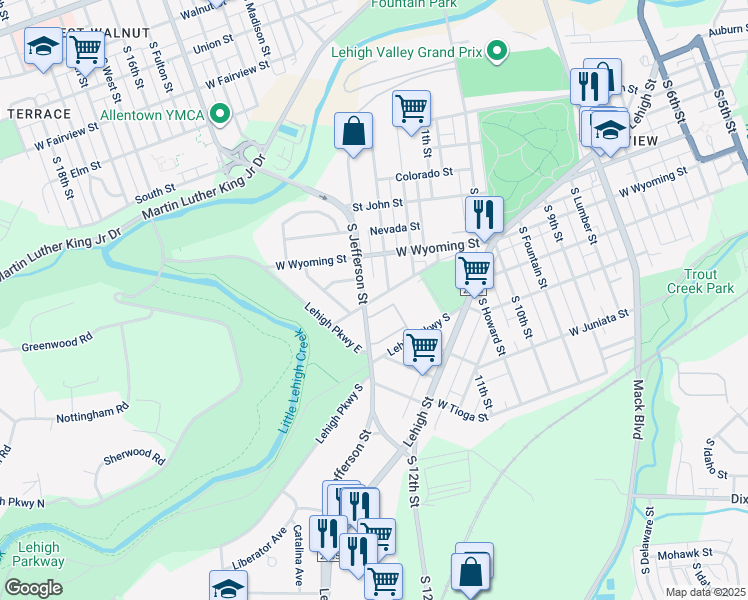 map of restaurants, bars, coffee shops, grocery stores, and more near 1226 West Cumberland Street in Allentown