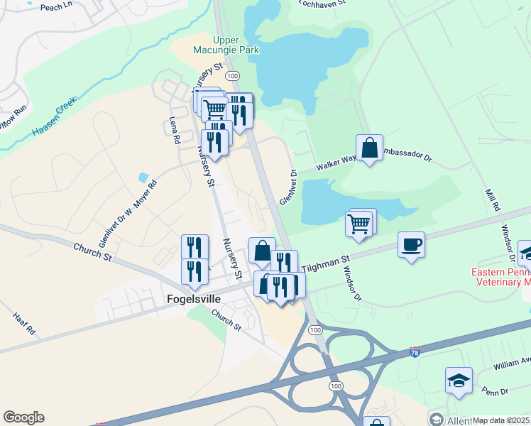 map of restaurants, bars, coffee shops, grocery stores, and more near Highway 100 in Allentown