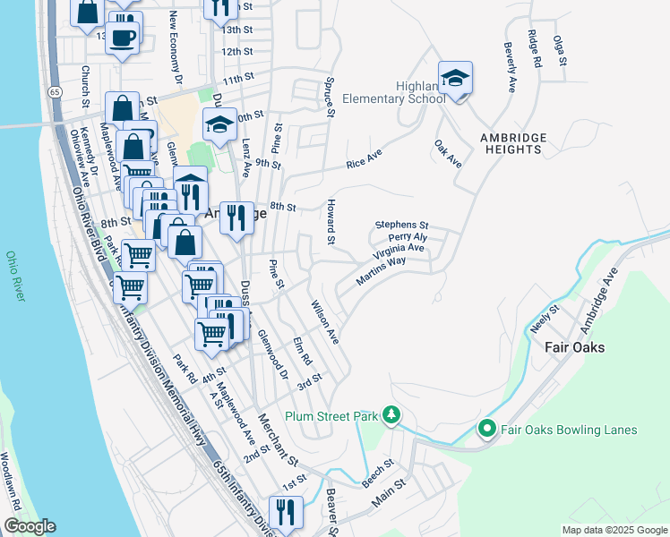 map of restaurants, bars, coffee shops, grocery stores, and more near 437 Lower Virginia Avenue in Ambridge