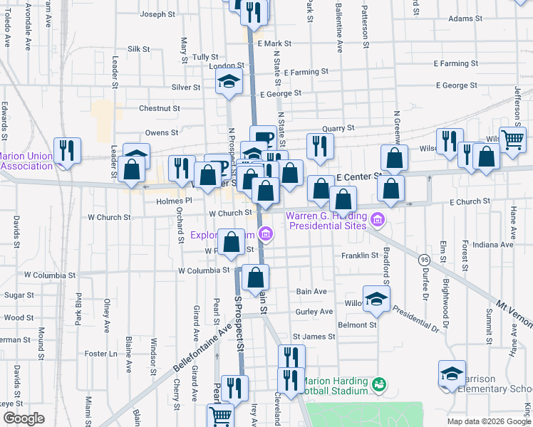 map of restaurants, bars, coffee shops, grocery stores, and more near 186 South Main Street in Marion