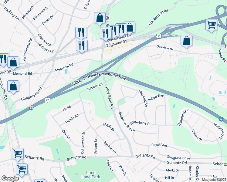 map of restaurants, bars, coffee shops, grocery stores, and more near 5791 Snowy Orchid Lane in Allentown
